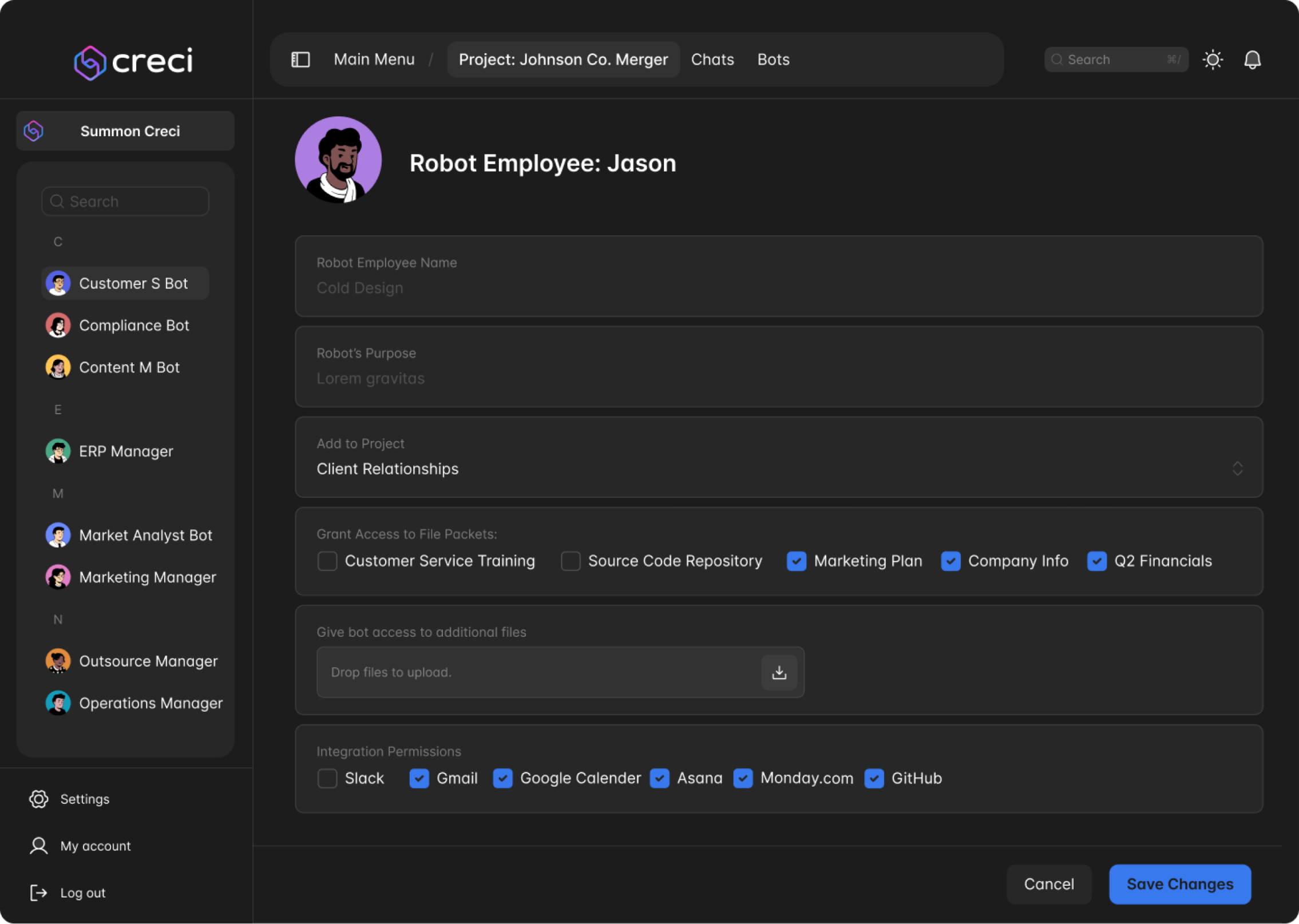 Configuring a robot employee in Creci