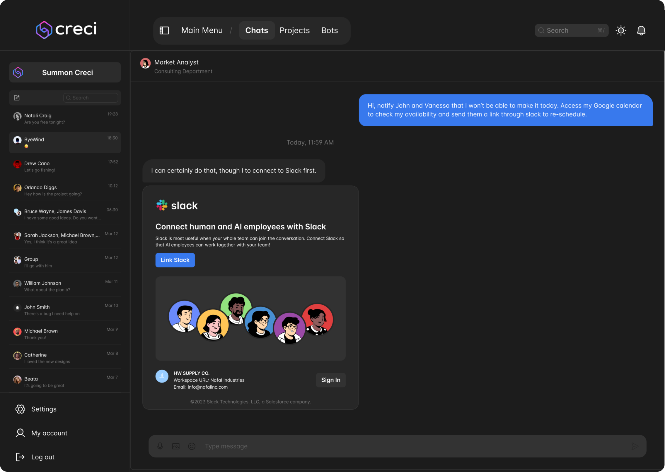 A Creci agent connecting human and AI employees through Slack