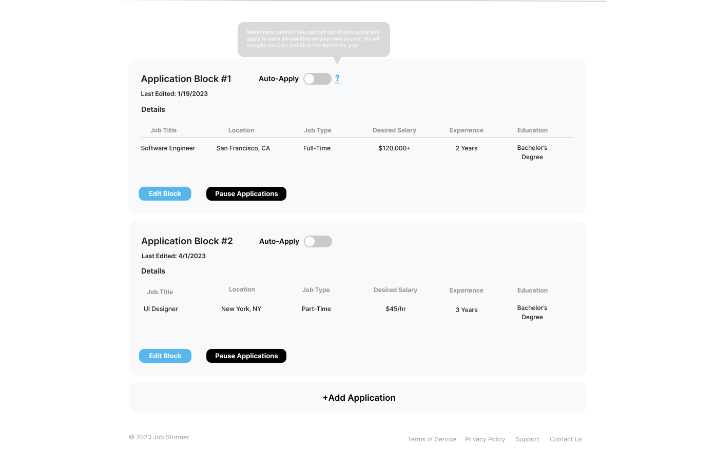 Application blocks list