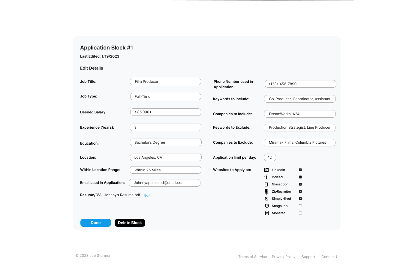 Editing an application block
